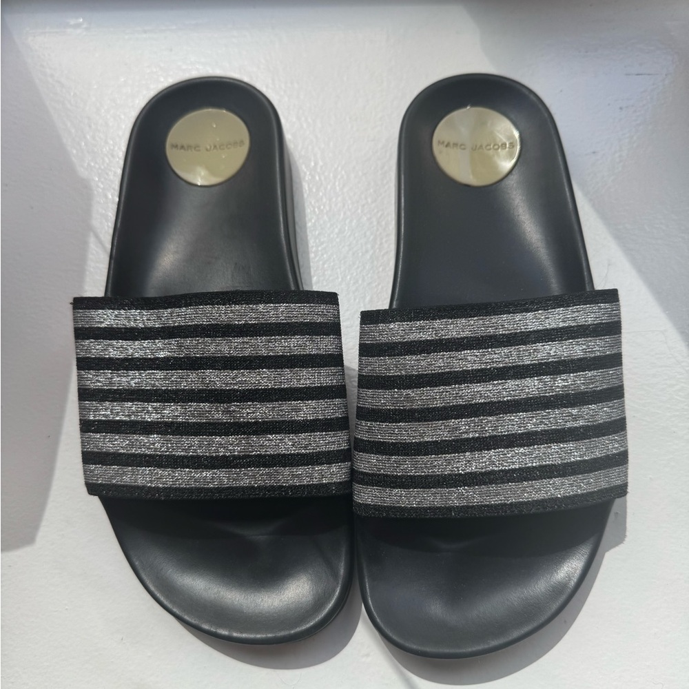 Marc Jacobs Black and Silver Slide Sandals